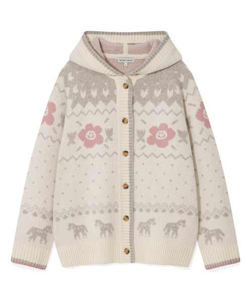 Women's Nordic Patterned Hooded Cardigan Cream