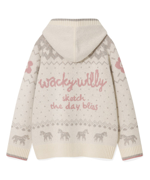 Women's Nordic Patterned Hooded Cardigan Cream