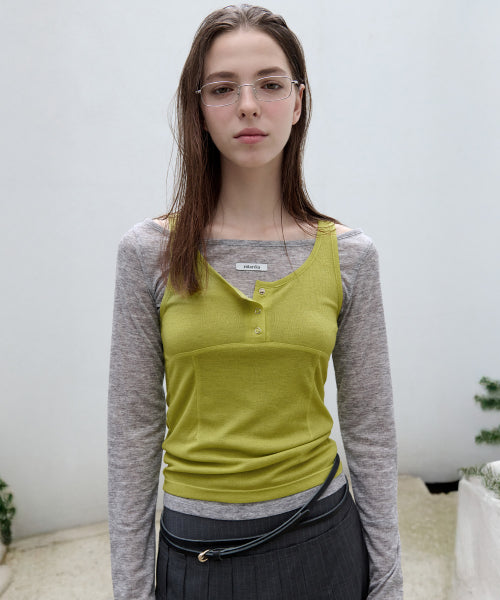 SLEEVELESS LAYERED T-SHIRT SET GY+OL