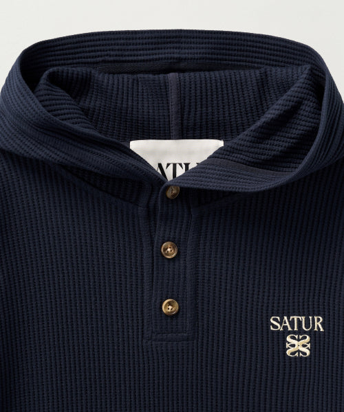 Half Button Waffle Hoodie Navy