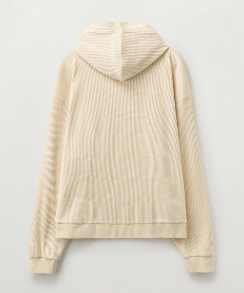 Half Button Waffle Hoodie Cream