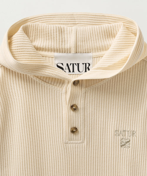 Half Button Waffle Hoodie Cream