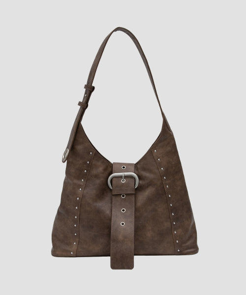 STUD LEATHER SHOULDER BAG BROWN