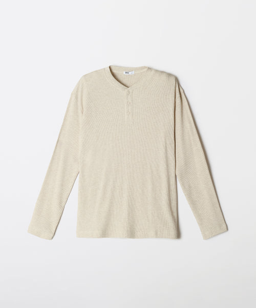 Waffle Henley neck long-sleeved T-shirt_SPLWF49C03
