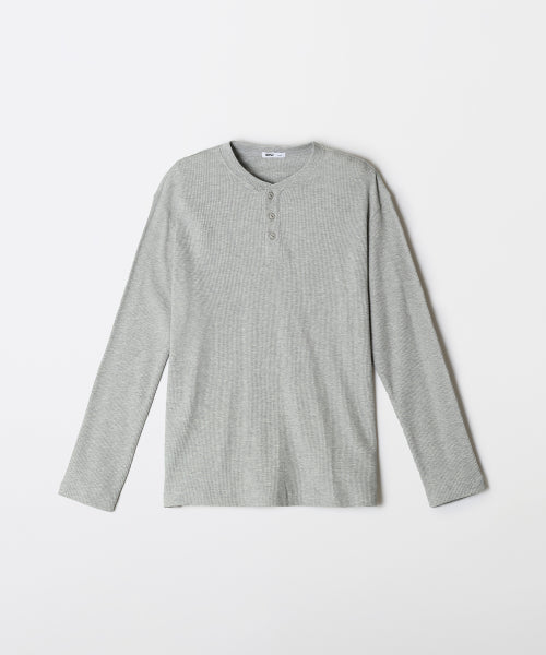 Waffle Henley neck long-sleeved T-shirt_SPLWF49C03