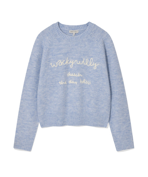 Women's Hairy Lettering Embroidery Pullover Sky Blue