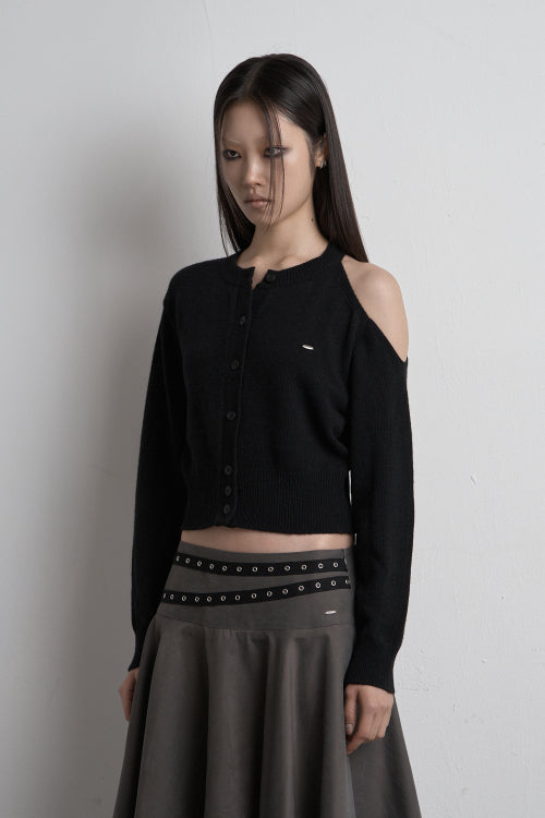 SHOULDER SLIT KNIT CARDIGAN BLACK