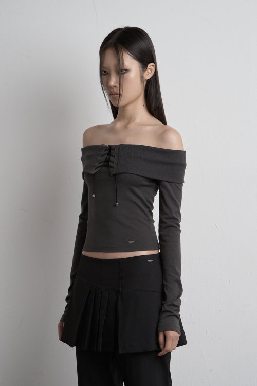 EYELET OFF SHOULDER TOP CHARCOAL