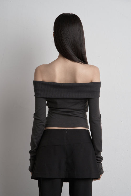 EYELET OFF SHOULDER TOP CHARCOAL