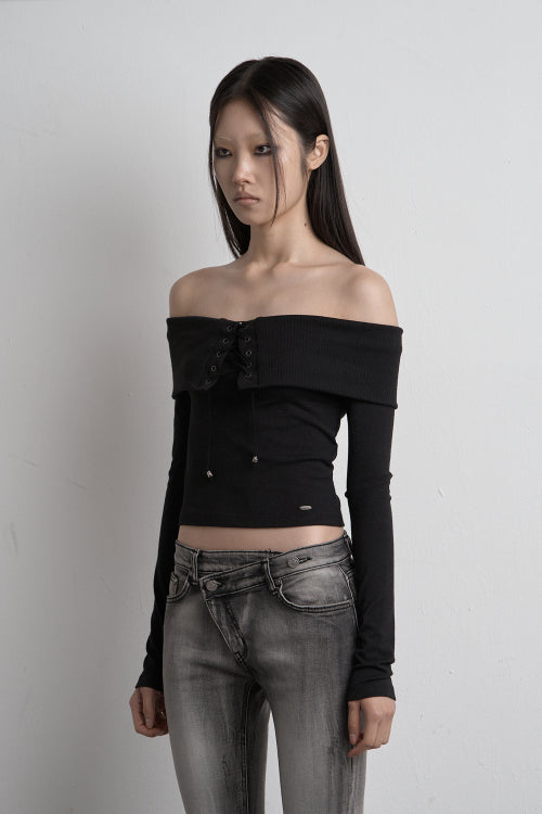 EYELET OFF SHOULDER TOP BLACK