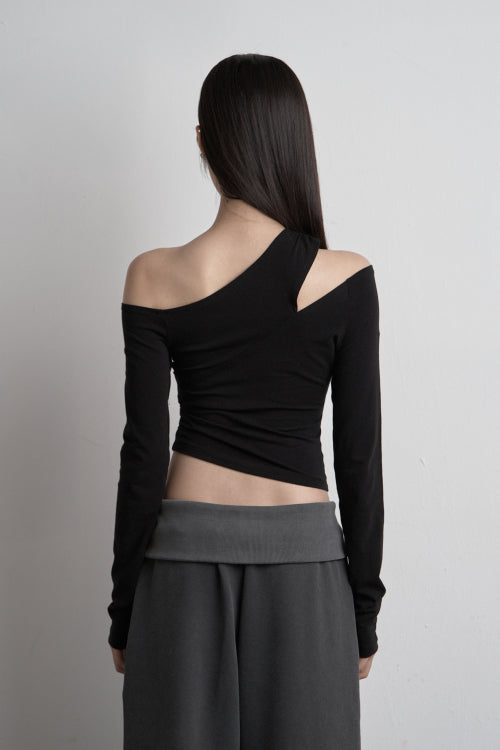SHIRRING UNBALANCED LONG SLEEVE BLACK