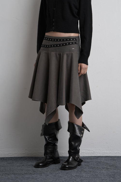 EYELET UNBALANCED MIDI SKIRT CHARCOAL