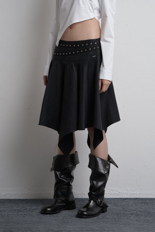 EYELET UNBALANCED MIDI SKIRT BLACK