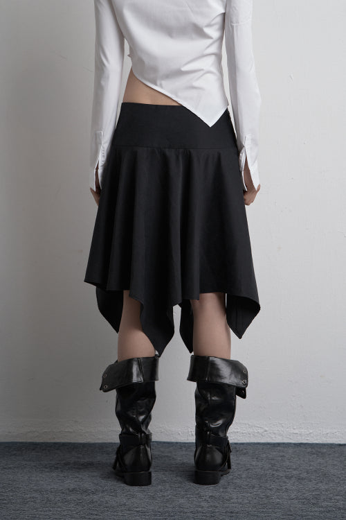 EYELET UNBALANCED MIDI SKIRT BLACK