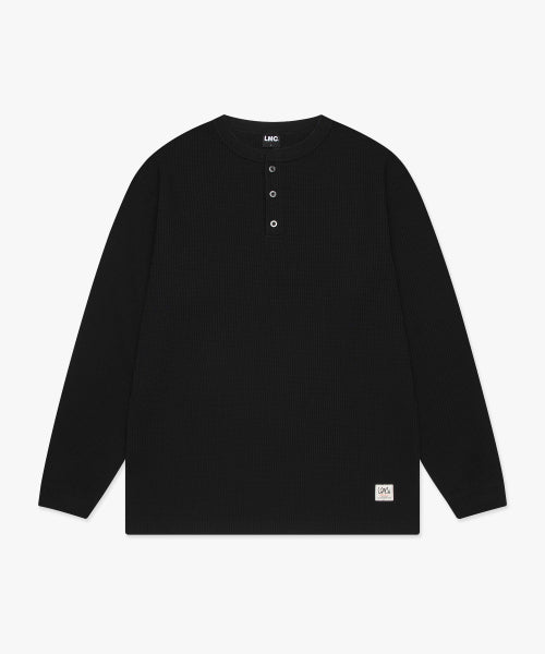 HENLEY NECK WAFFLE LONG SLV TEE black