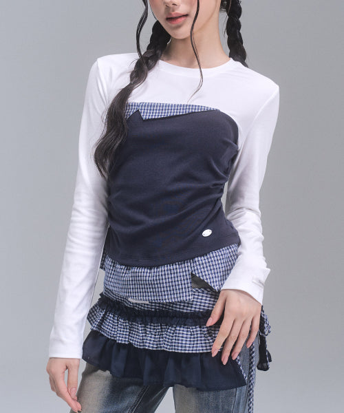 Delhi Checkered Layered Wrap Skirt [NAVY]