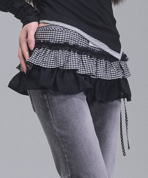 Delhi Checkered Layered Wrap Skirt [BLACK]
