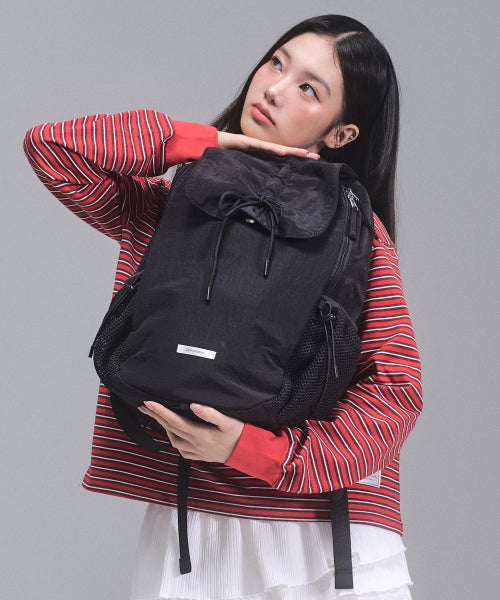 Nylon Shirring Ribbon Backpack [BLACK]