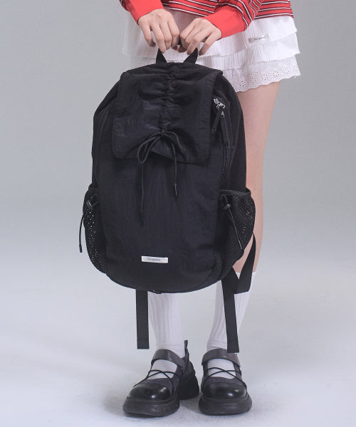 Nylon Shirring Ribbon Backpack [BLACK]