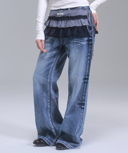 Mandy washed wide denim pants [BLUE]