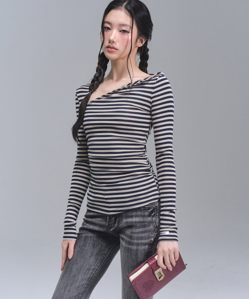 Chloe Unbalanced Sleeve Top [NAVY STRIPE]