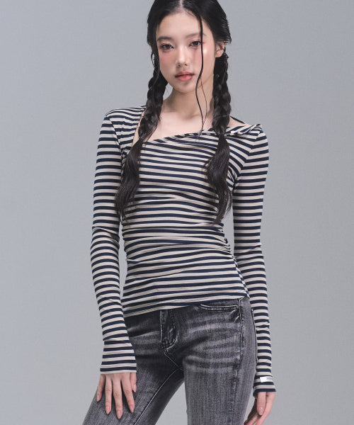 Chloe Unbalanced Sleeve Top [NAVY STRIPE]