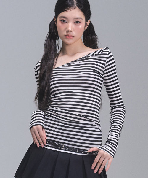Chloe Unbalanced Sleeve Top [WHITE STRIPE]