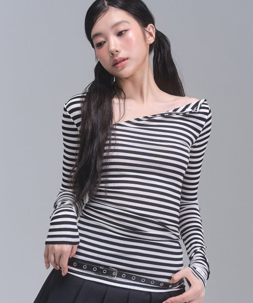 Chloe Unbalanced Sleeve Top [WHITE STRIPE]