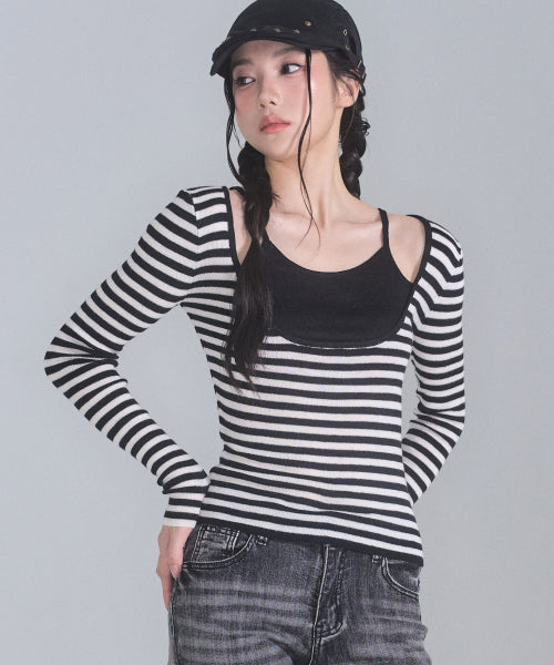 Coy Stripe Knit Top [BLACK]