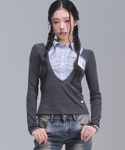 Katie Layered Long Sleeve Top [CHARCOAL]