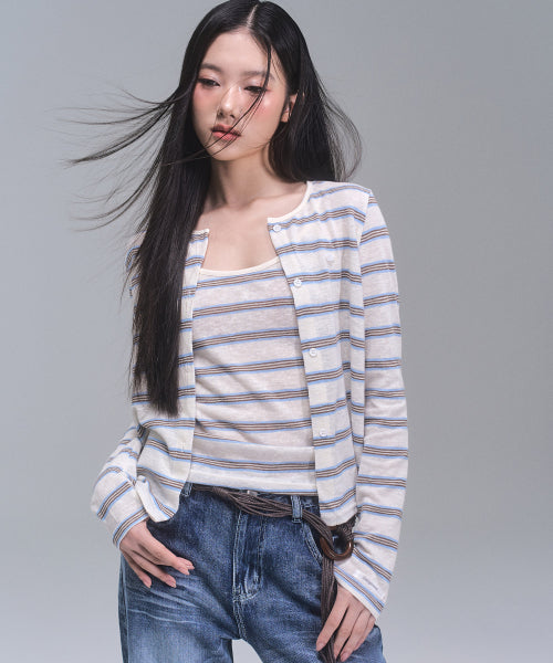 Kelly Stripe Cardigan Set [IVORY]