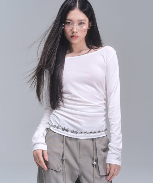 Joy Shirring Long Sleeve Top [WHITE]
