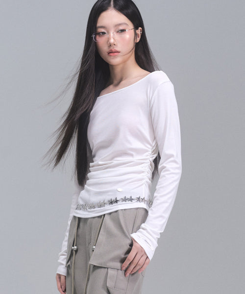 Joy Shirring Long Sleeve Top [WHITE]