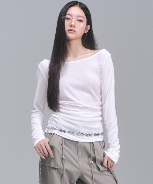 Joy Shirring Long Sleeve Top [WHITE]