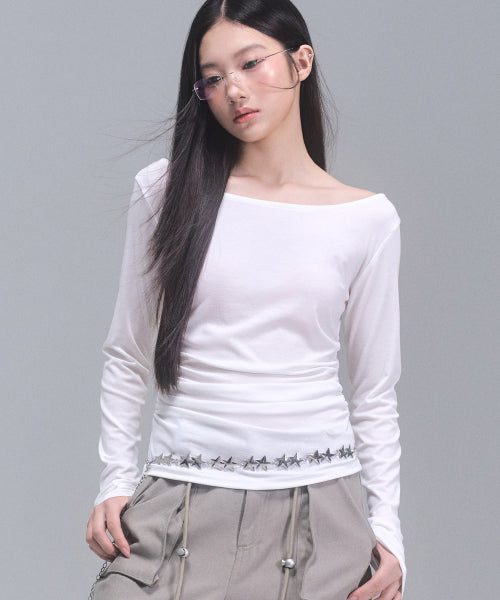Joy Shirring Long Sleeve Top [WHITE]