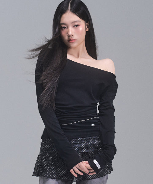 Joy Shirring Long Sleeve Top [BLACK]