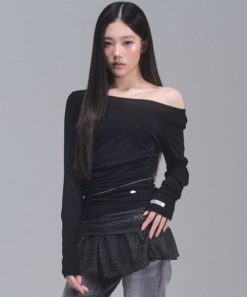 Joy Shirring Long Sleeve Top [BLACK]