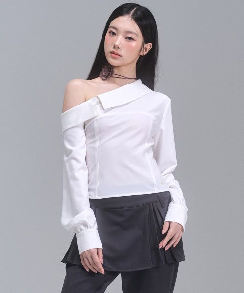 Aimee Unbalanced Off-Shoulder Shirt [WHITE]