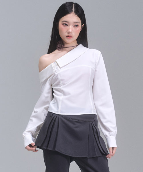 Aimee Unbalanced Off-Shoulder Shirt [WHITE]