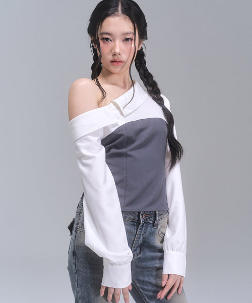 Aimee Unbalanced Off-Shoulder Shirt [CHARCOAL]