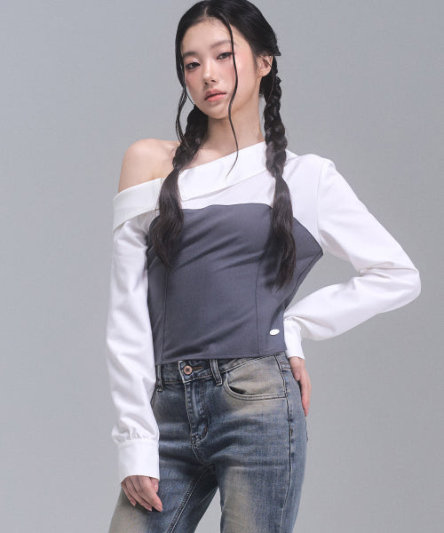 Aimee Unbalanced Off-Shoulder Shirt [CHARCOAL]