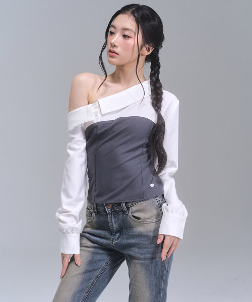 Aimee Unbalanced Off-Shoulder Shirt [CHARCOAL]