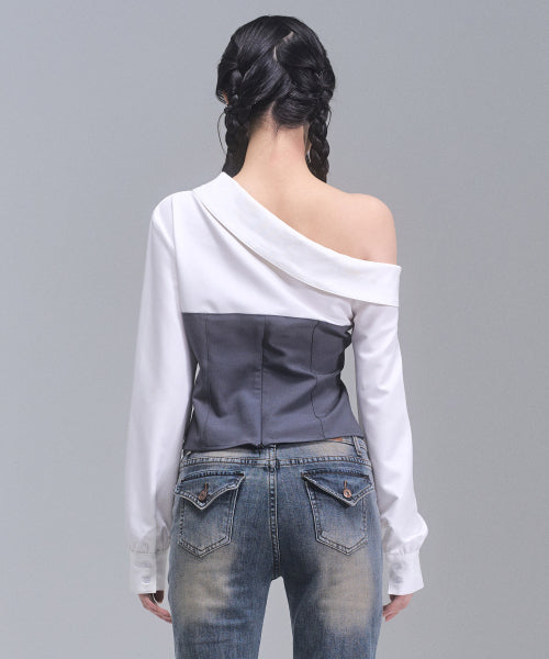 Aimee Unbalanced Off-Shoulder Shirt [CHARCOAL]