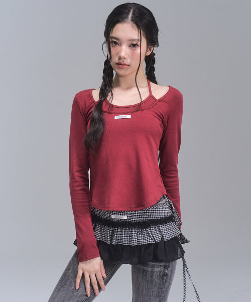 Lisa Ribbon Layered Long Sleeve Top [RED]
