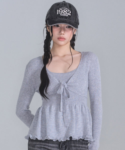 Daisy frill knit cardigan set [GREY]
