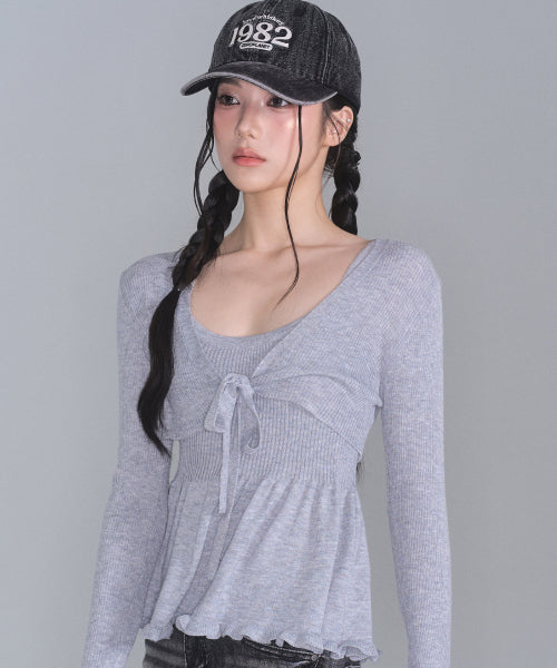 Daisy frill knit cardigan set [GREY]