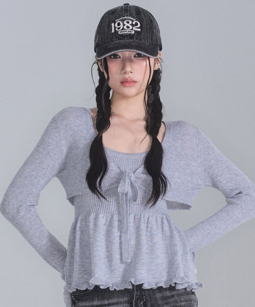 Daisy frill knit cardigan set [GREY]