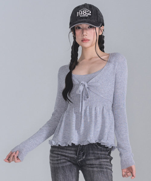 Daisy frill knit cardigan set [GREY]