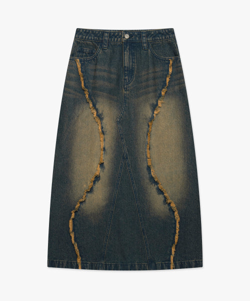 WM CURVED RAW EDGE DENIM MAXI SKIRT blue