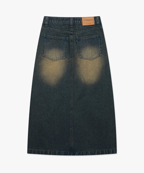 WM CURVED RAW EDGE DENIM MAXI SKIRT blue